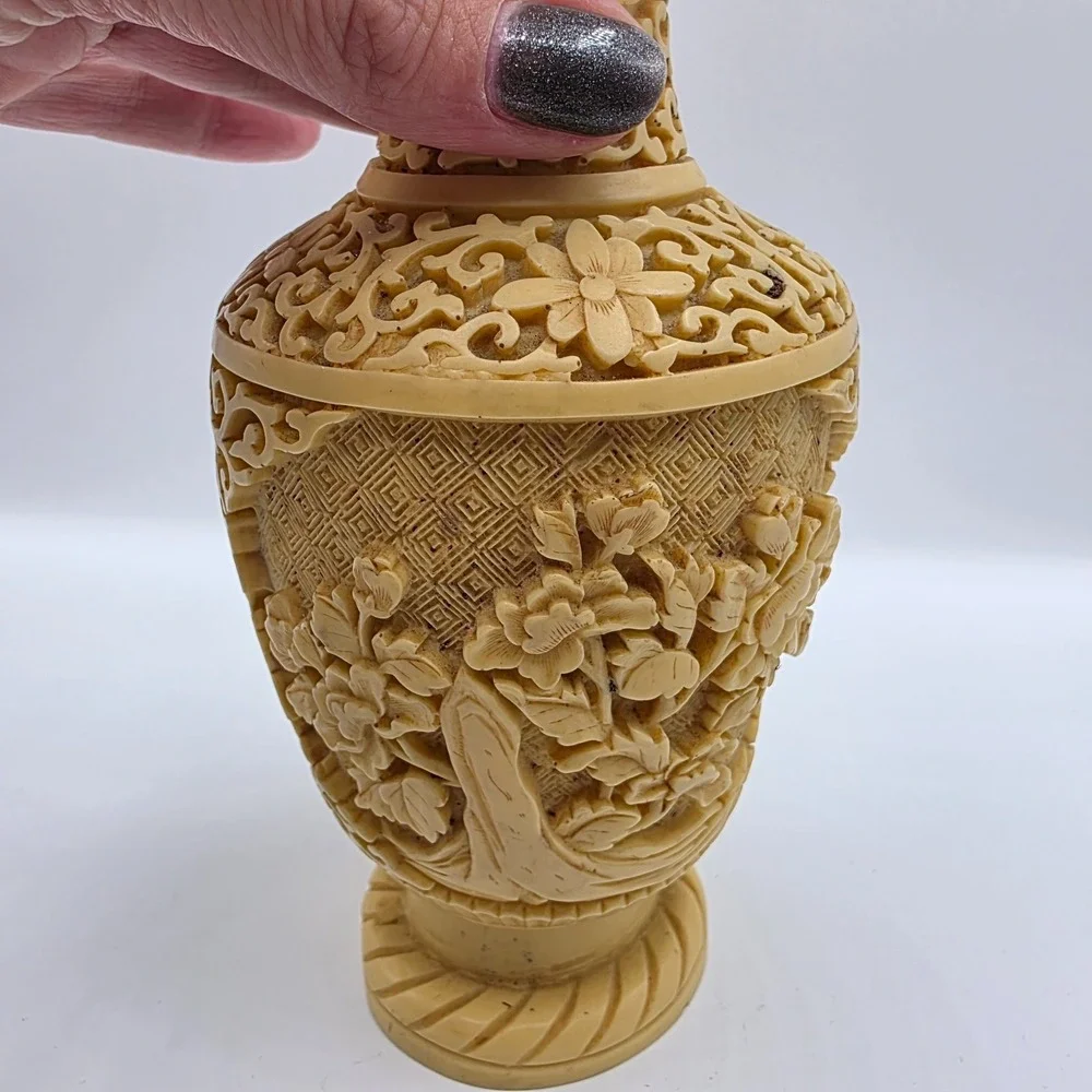 Vintage Carved Resin Floral Vase Asian Beige Signed 7.5